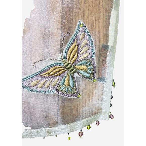 Lam Lee Sage Green Beaded and Embroidered Butterfly and Beaded Tassels 42 x 42” - Picture 3 of 11